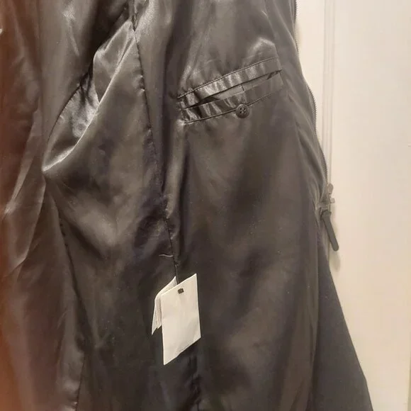 NWT DKNY Black Wool Faux Leather Hooded Bibbed Mixed-Media Blazer Coat XL - Picture 8 of 8